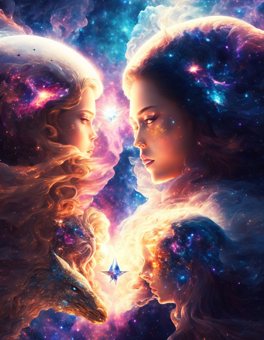 Ethereal faces in cosmic digital artwork