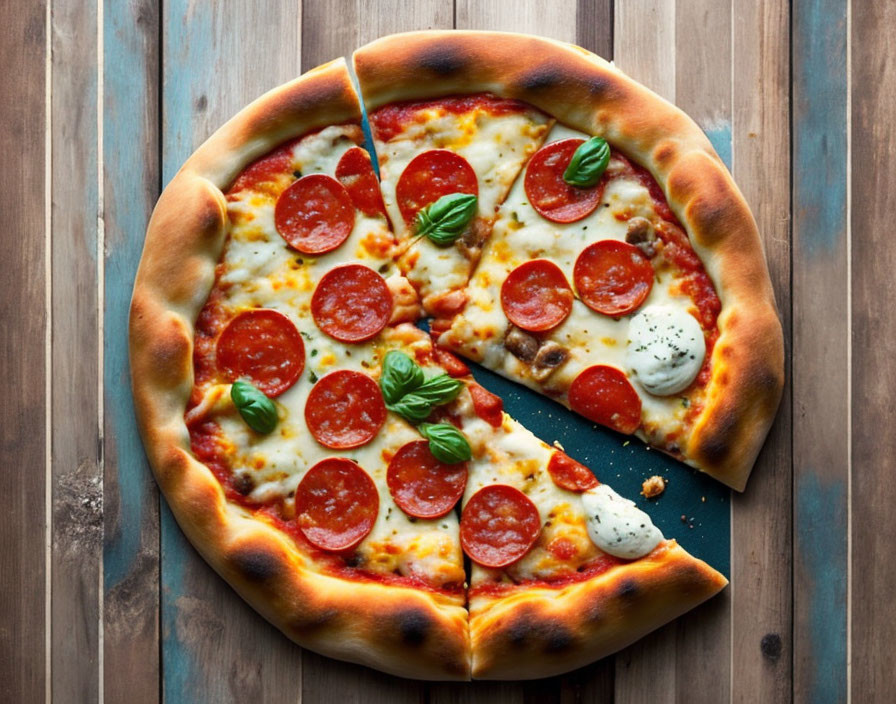 Freshly Baked Pepperoni Pizza with Melted Cheese and Basil Leaves on Multicolored Table