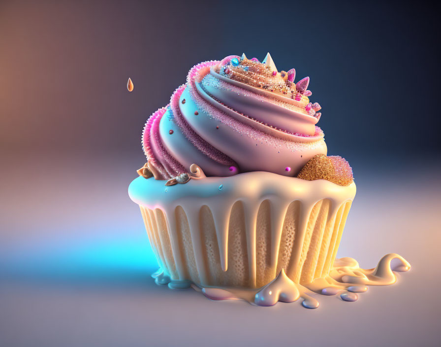 Pastel pink and blue cupcake with sprinkles and pearls, dripping icing