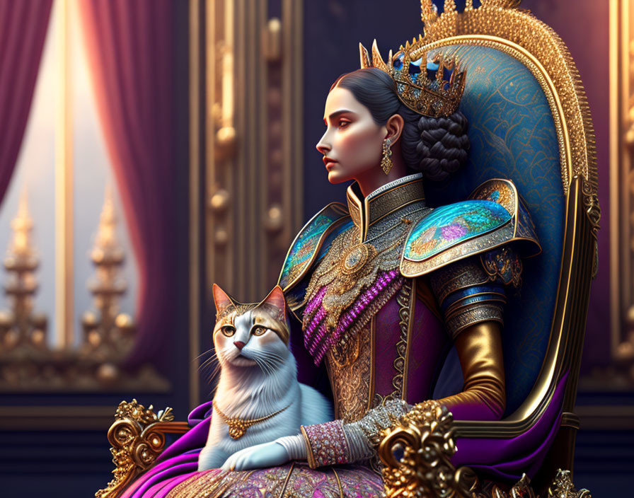 Regal woman in royal attire with elegant cat on throne