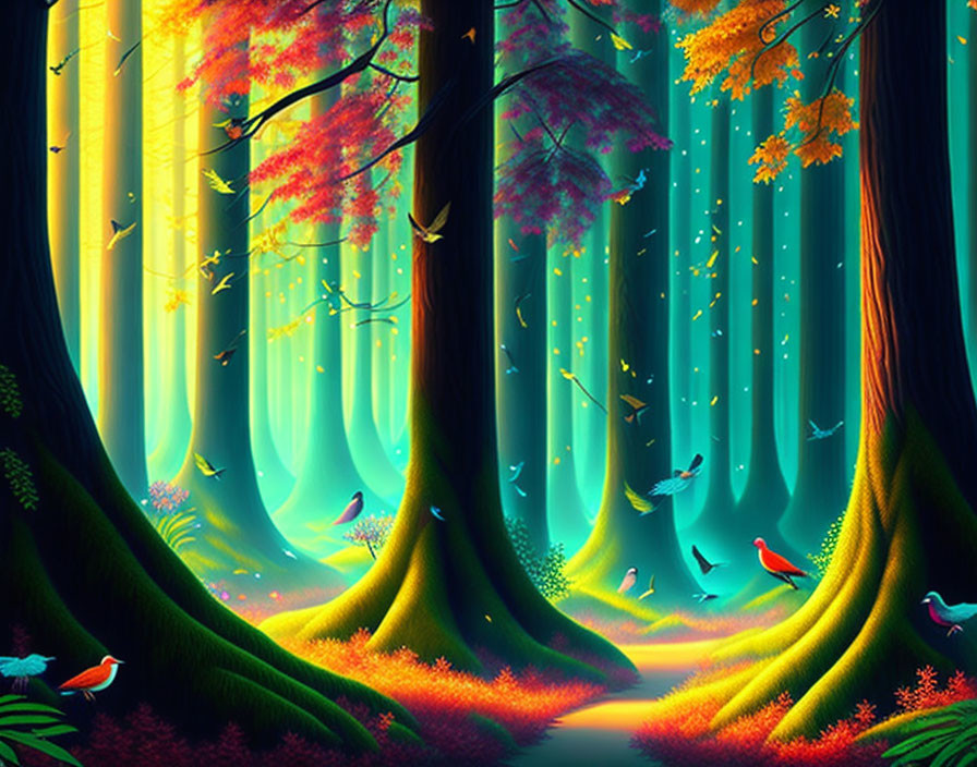 Colorful Fantasy Forest with Luminous Blue Light & Birds among Autumn Leaves