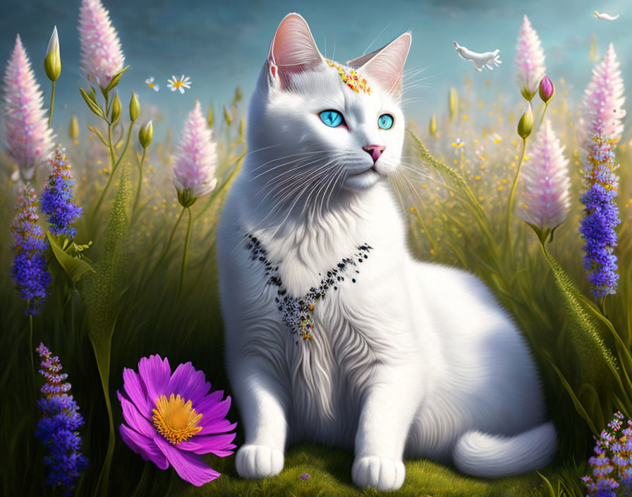 White Cat with Blue Eyes and Jeweled Collar Surrounded by Flowers and Birds