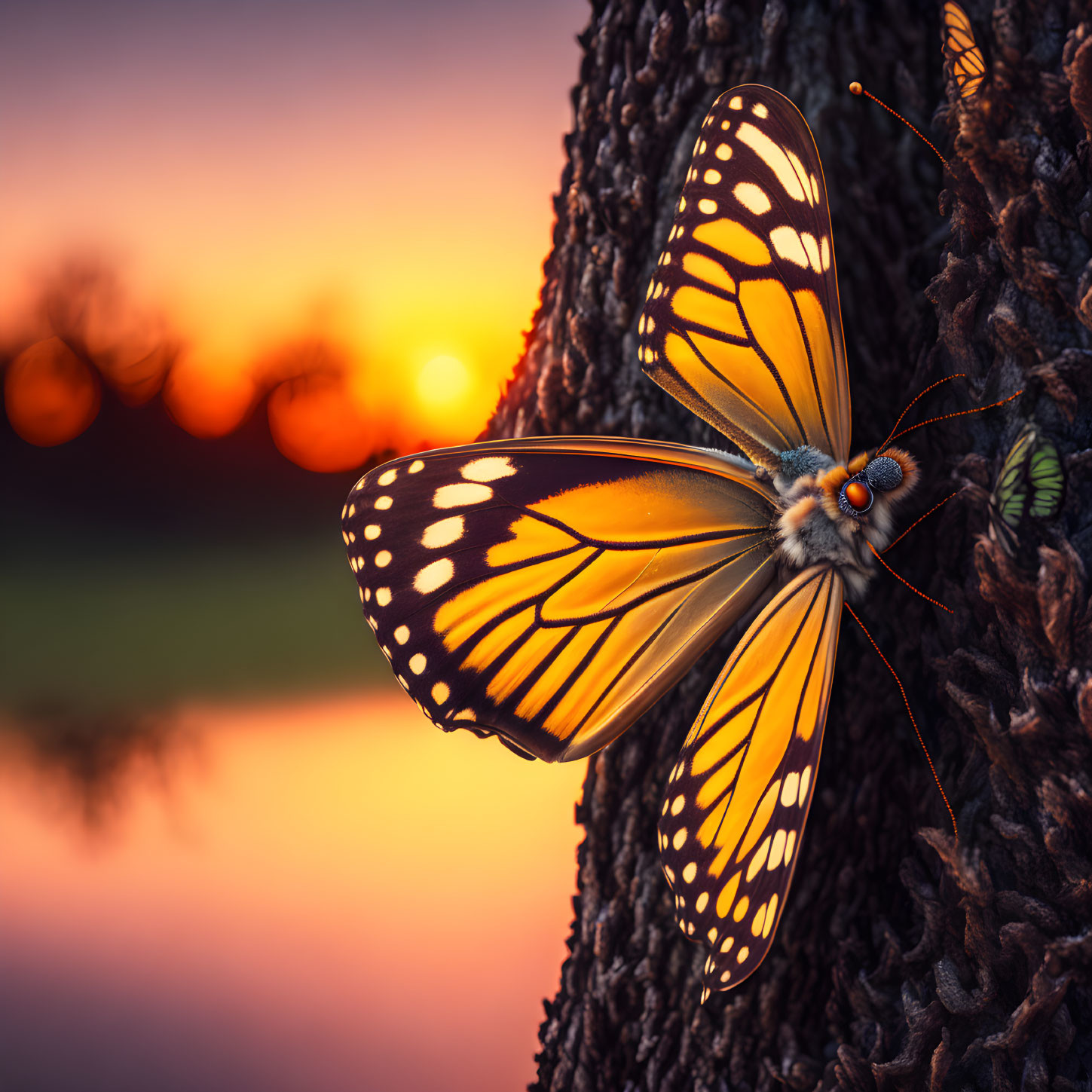 Colorful Butterfly Resting on Tree Bark at Sunset