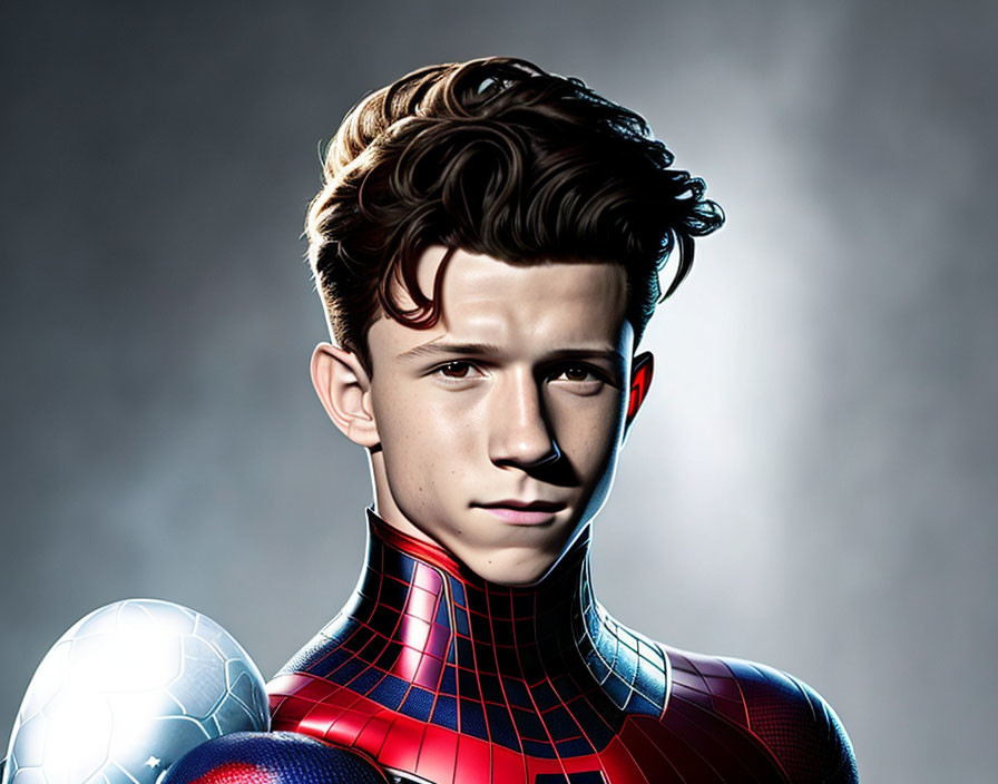 Young person in Spider-Man costume holding helmet, focused expression, grey backdrop