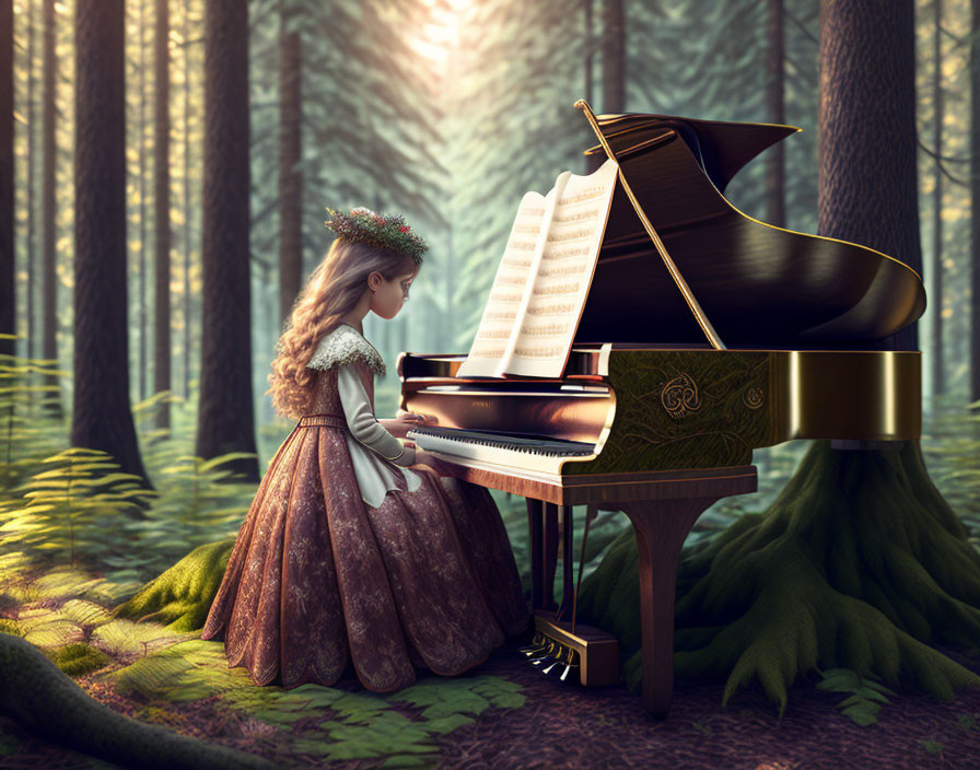 Young girl in vintage dress plays grand piano in enchanting forest