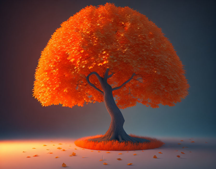 Stylized orange tree with fallen leaves on blue and orange background