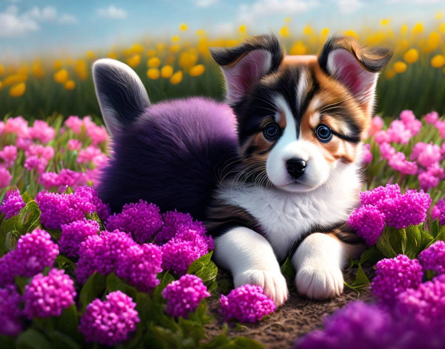 Tricolor puppy in pink and yellow flower field