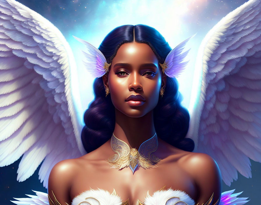 Digital art: Woman with angel wings, feathers, serene expression, celestial backdrop, gold jewelry.