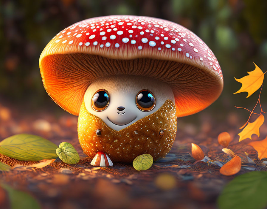 Cute animated creature under red mushroom cap in autumn setting