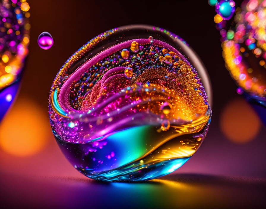 Vibrant glass sphere with swirling patterns and bubbles on orange and purple bokeh background