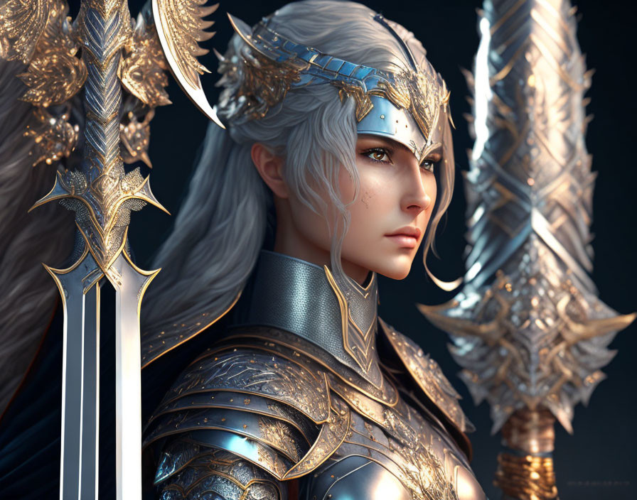 Silver-haired female warrior in ornate gold and silver armor with winged helmet and decorative sword