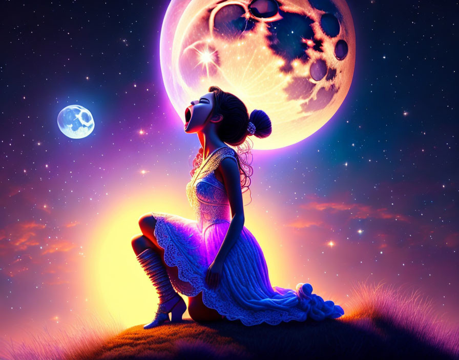 Woman in Blue Dress Gazes at Luminous Moon on Hill