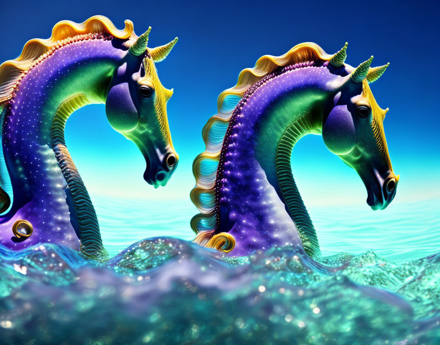 Vibrant mythical seahorses with unicorn horns in galaxy-themed setting