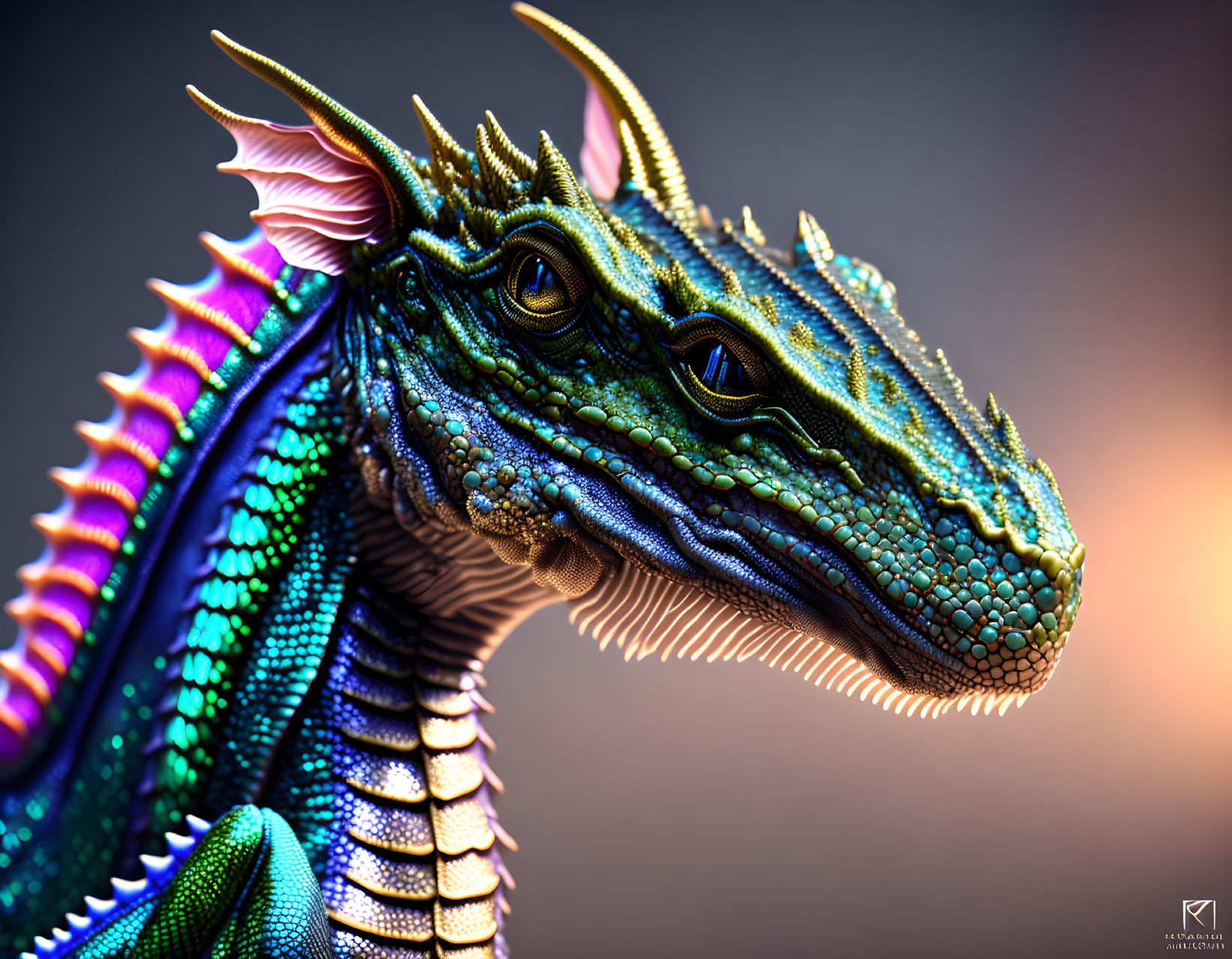 Detailed colorful dragon head with textured scales and multiple eyes on vibrant crest.