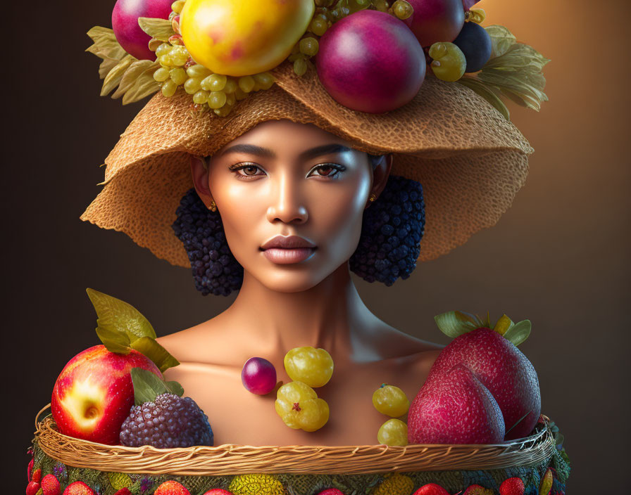 Vividly colored fruit-adorned hat on elegant woman