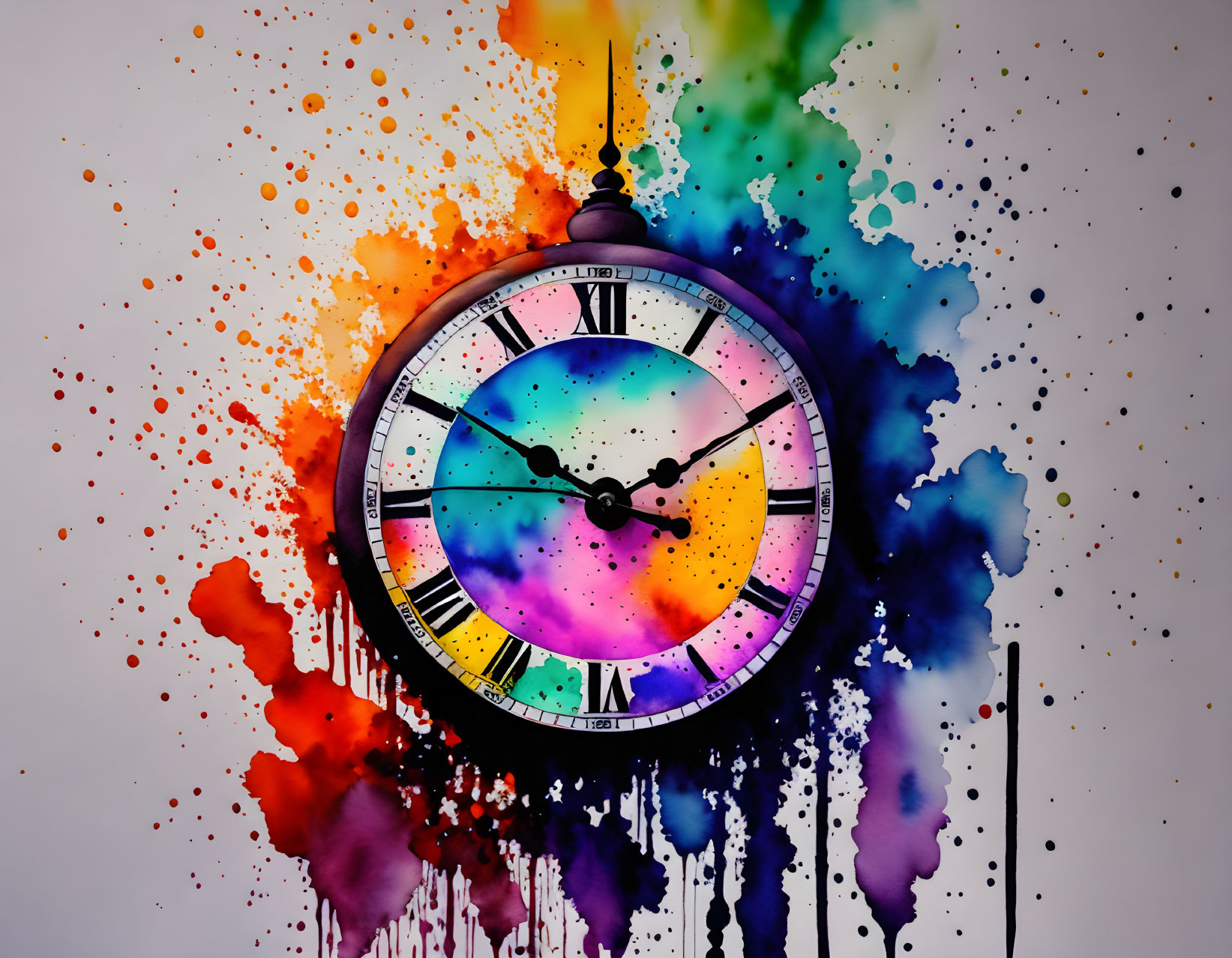 Colorful Rainbow-Hued Clock with Melting Splatters