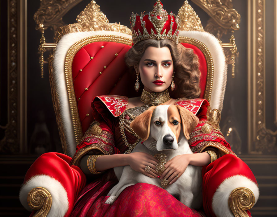 Regal woman in ornate crown and red gown with beagle dog on throne