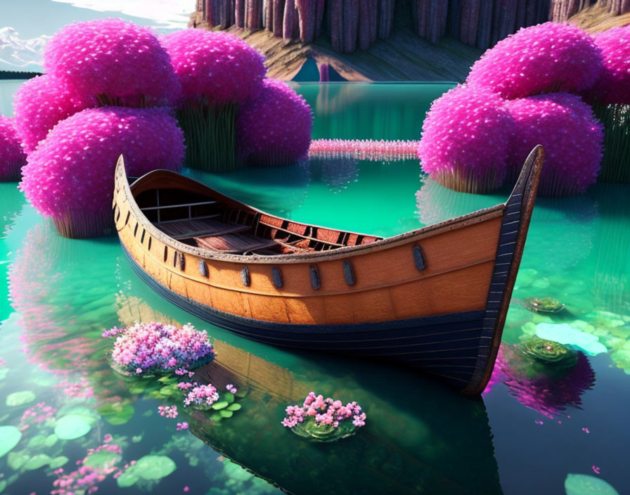 Wooden boat on vibrant lake with pink-flowered trees in serene setting