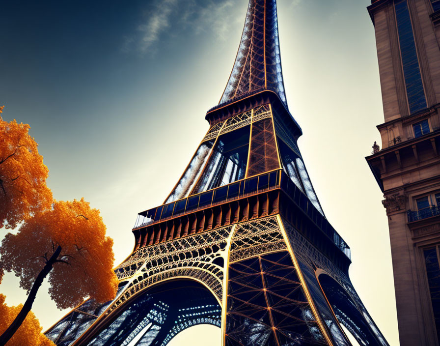 Eiffel Tower with autumn leaves and clear sky viewed from below