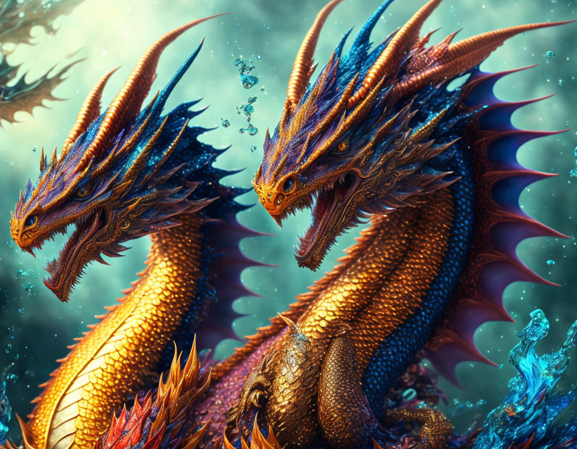 Golden-Scaled Dragons Emerging From Water with Horns and Blue Light