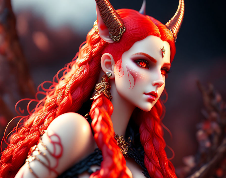 Detailed Fantasy Character Figurine with Red Hair, Horns, Gold Earrings, and Tattoos