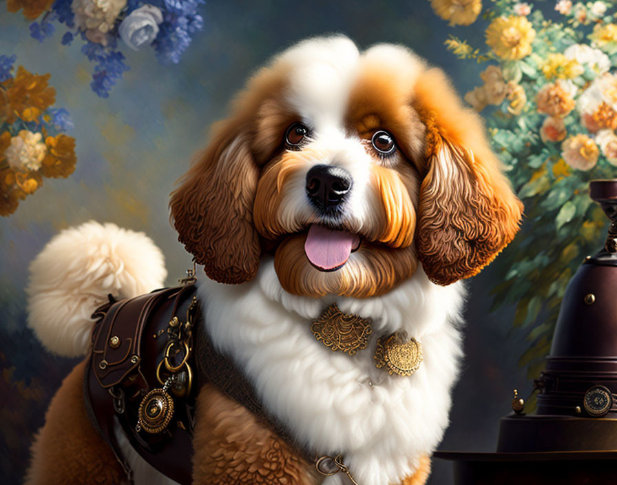 Stylized digital artwork of a dog with human-like eyes and ornate accessories