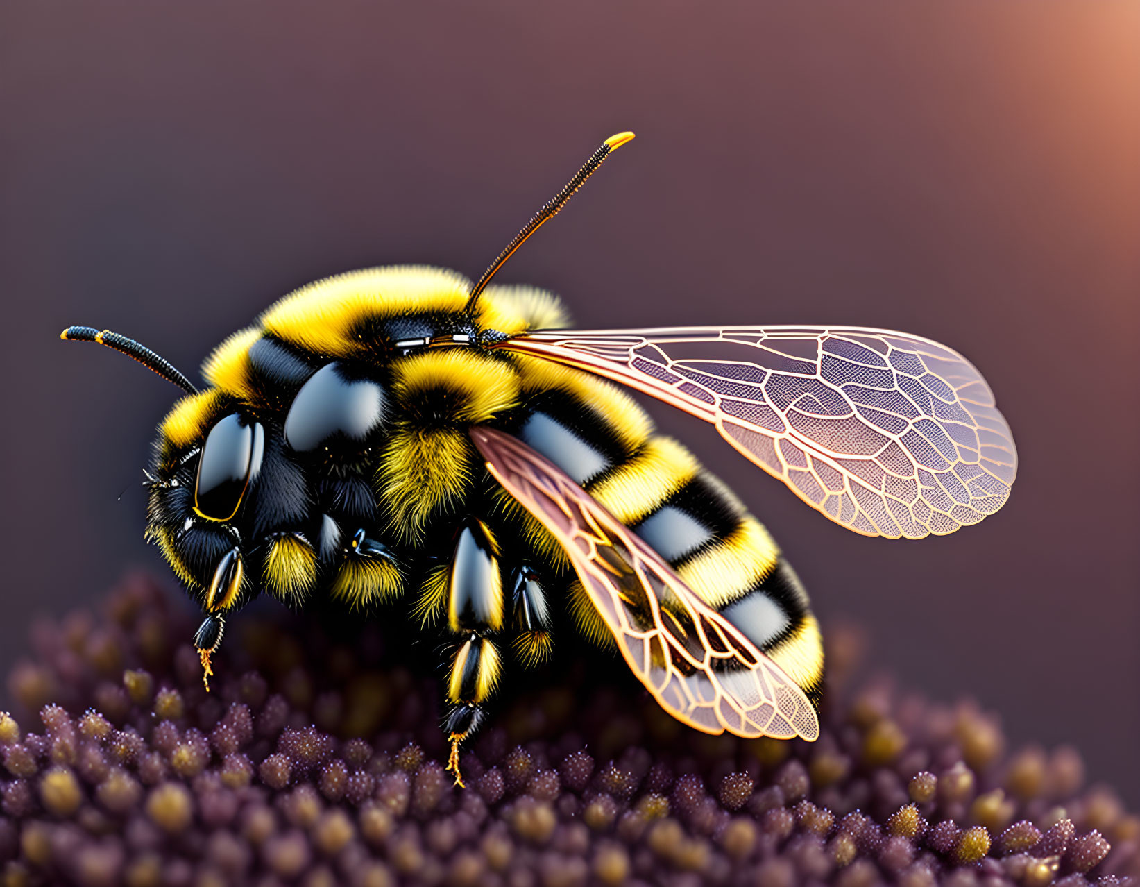 Vibrant yellow and black bee on purple flower with translucent wings