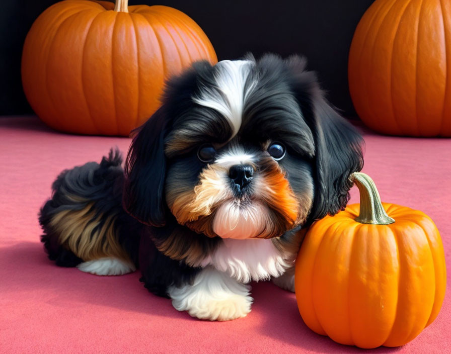 Black and White Shih Tzu Puppy with Pumpkins on Pink Surface