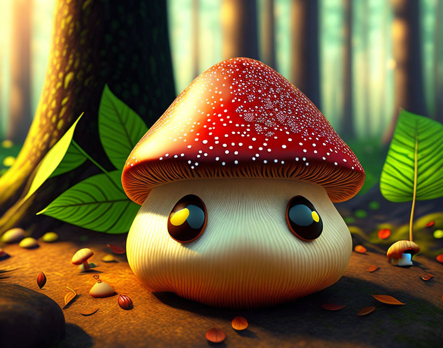 Anthropomorphic Mushroom in Sunlit Forest Scene