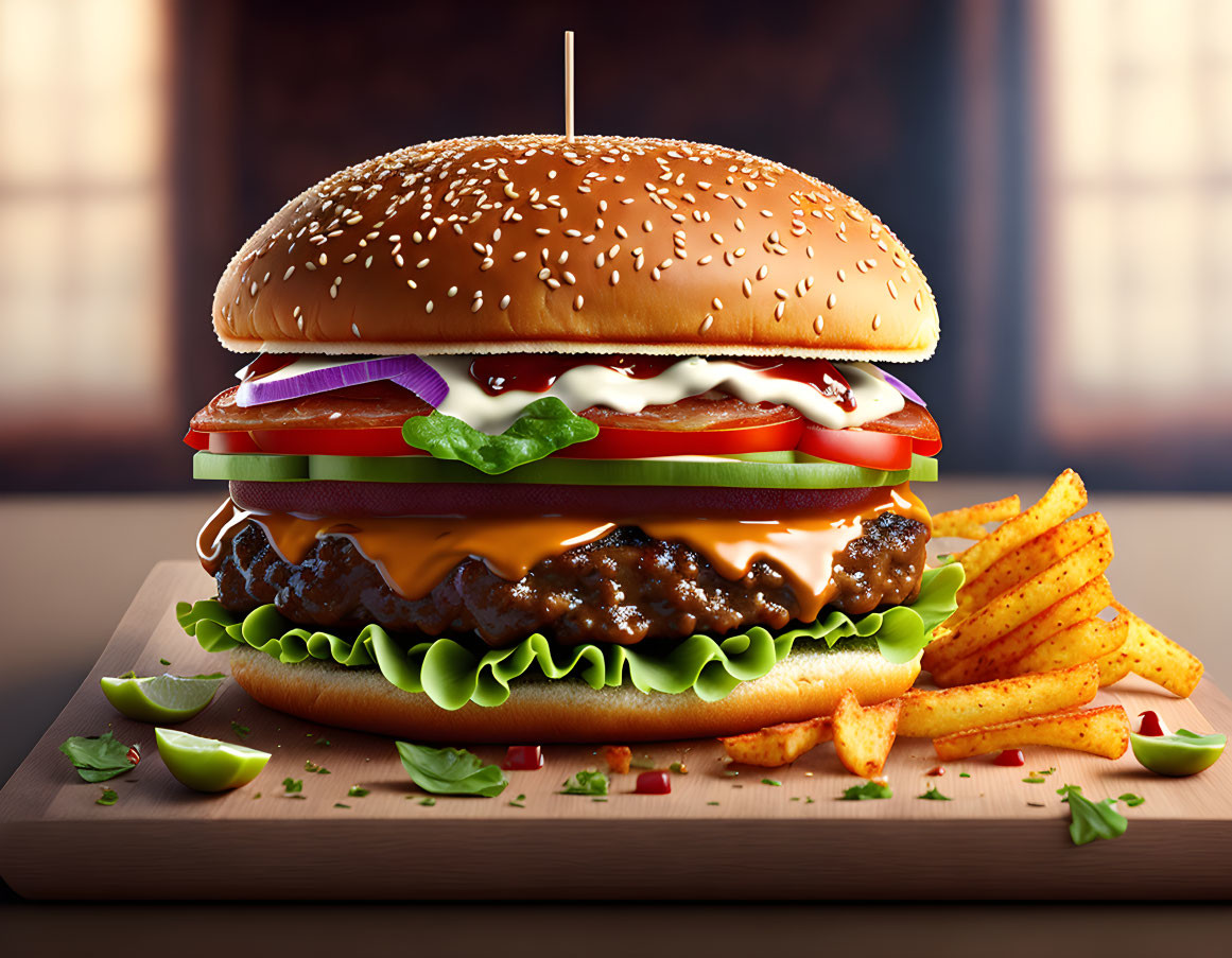 Classic Cheeseburger with Lettuce, Tomato, Onion, Sauce, Fries, and Lime on