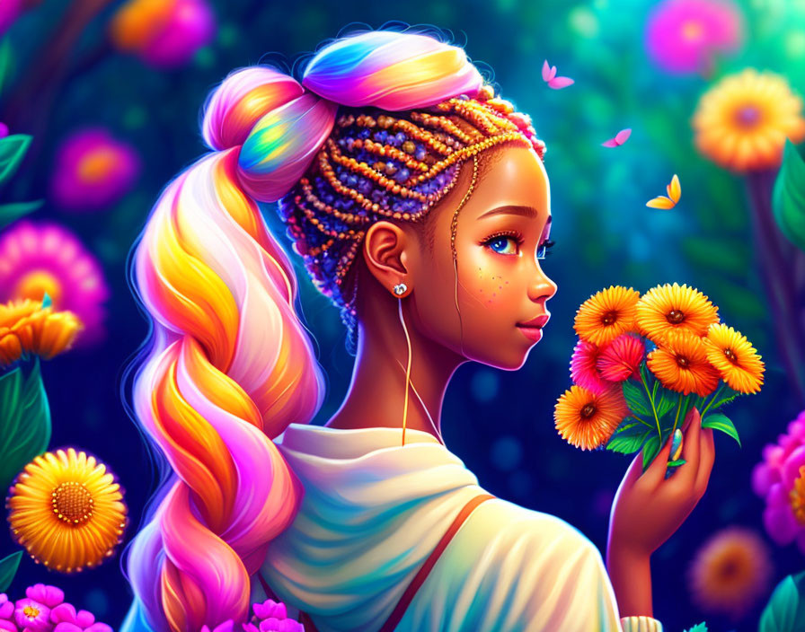 Colorful Braided Hairstyle Woman with Yellow Flowers and Butterflies