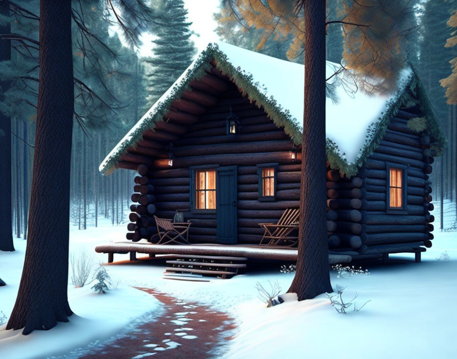 Snow-covered log cabin in twilight among pine trees