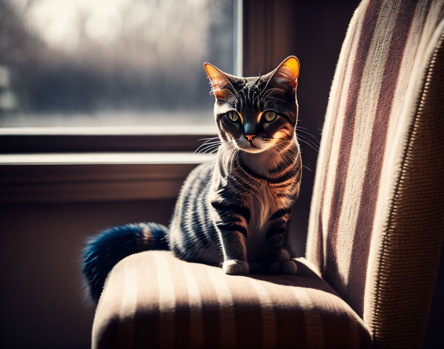 Striped Cat on Cushioned Chair by Window in Warm Sunlight