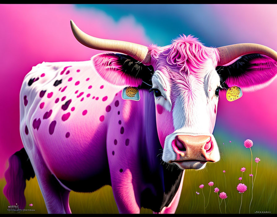 Vibrant cow illustration with pink hues and flowers on colorful background