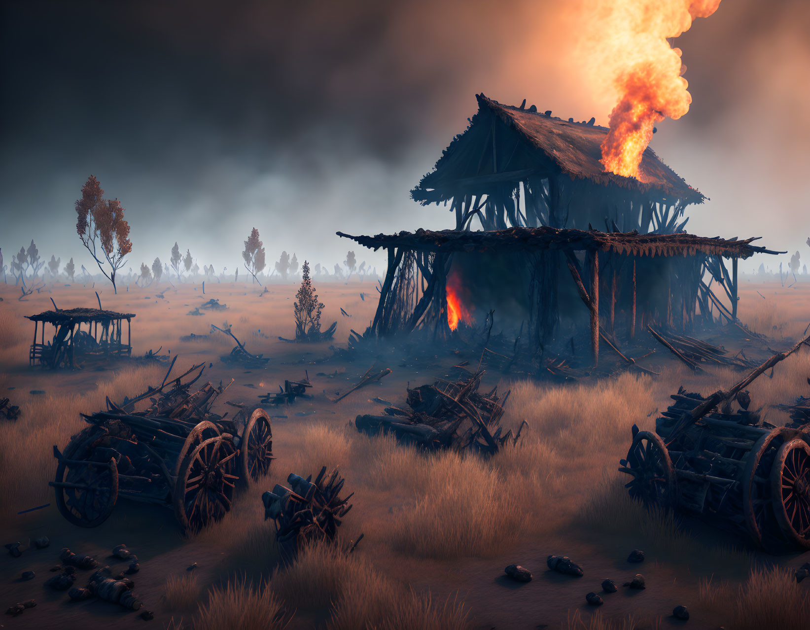 Wooden structure ablaze in desolate battlefield with debris and broken wagons.