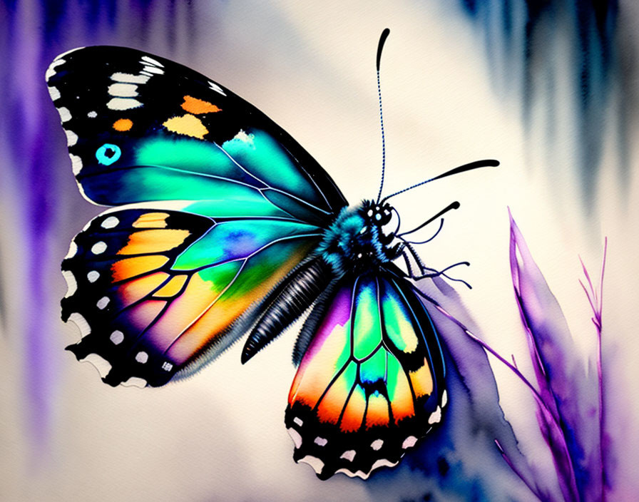 Colorful Butterfly with Open Wings on Purple and Blue Background