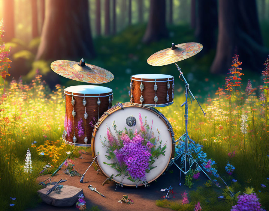 Unique Wooden Finish Drum Set in Colorful Forest Clearing