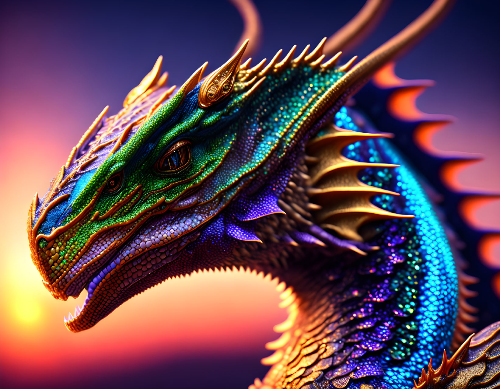 Detailed Illustration of Iridescent Dragon with Golden Horns