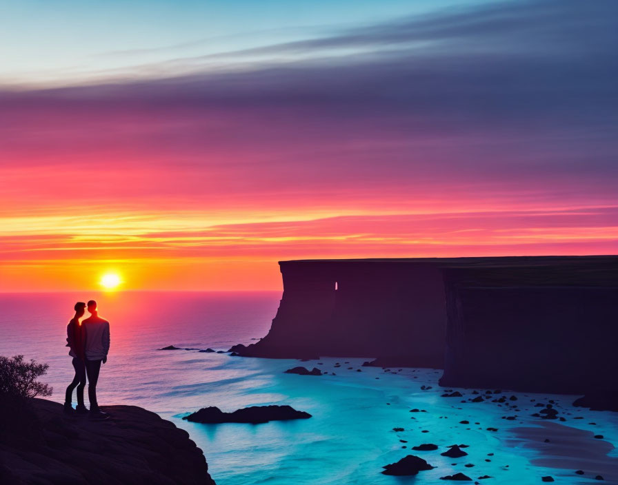 Cliffside sunset view over ocean with vibrant pink and purple skies