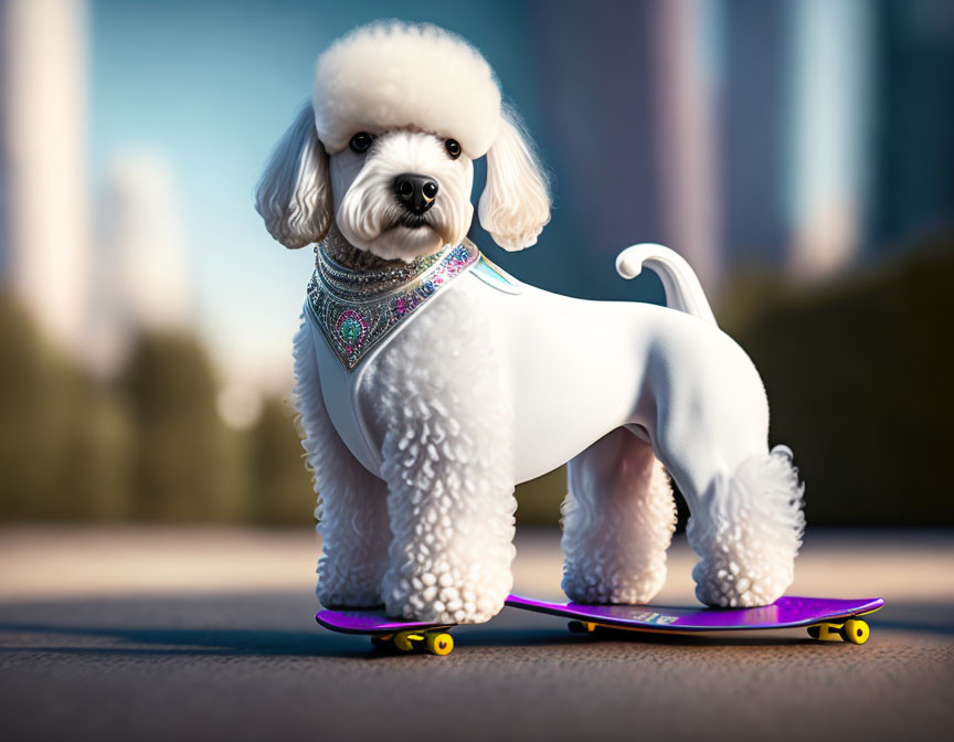 White Poodle Skateboarding in Urban Setting