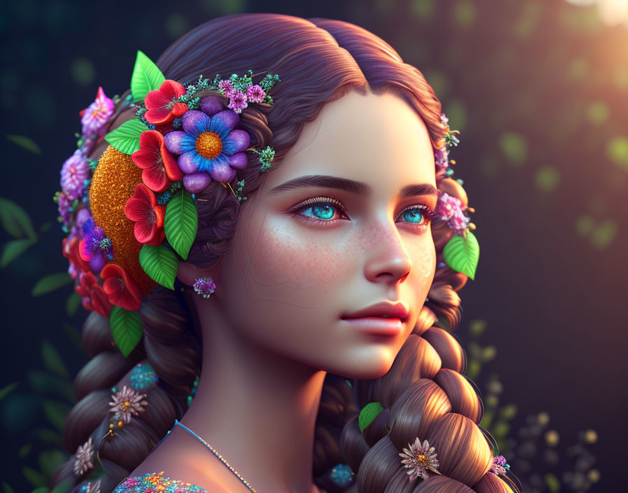 Realistic 3D illustration: Young woman with braided hair and vibrant flower adornments on green