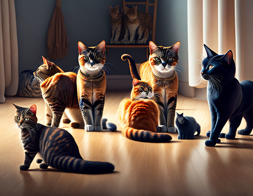 Seven Stylized Cats with Striking Patterns and Expressions in Well-Lit Room