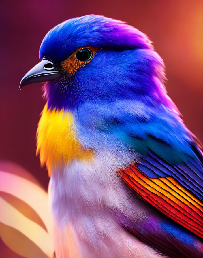 Colorful Bird with Blue, Purple, Yellow, and Red Feathers on Warm Background