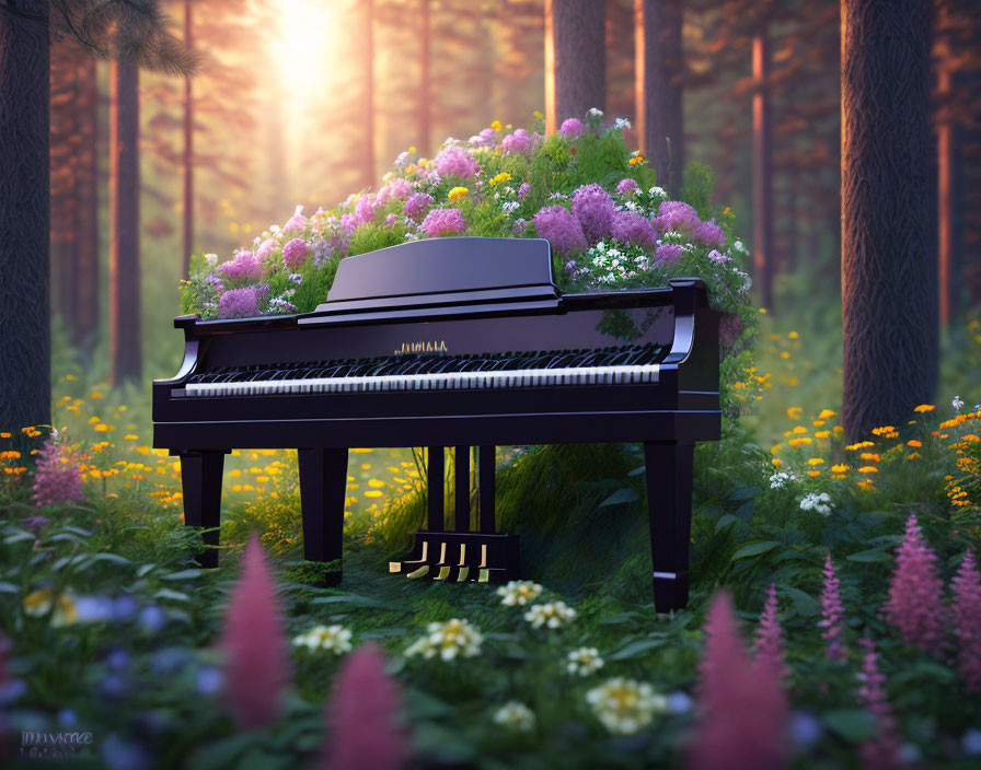 Grand Piano in Forest with Vibrant Flowers and Sunlight