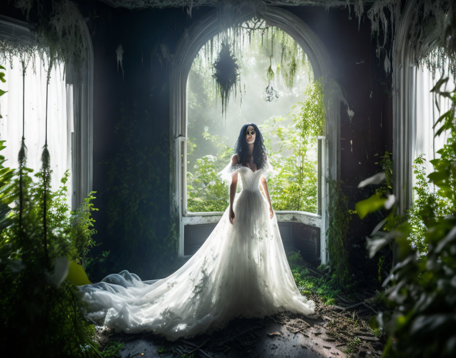 Abandoned room with woman in white dress by open window