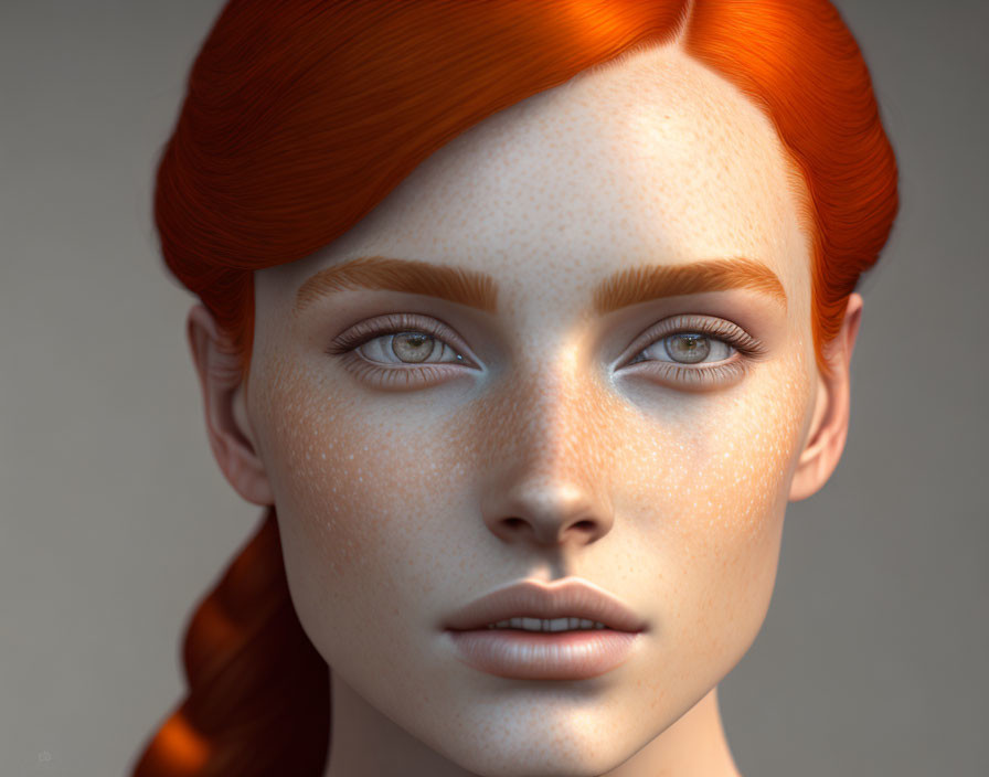 Detailed 3D-rendered image of red-haired woman with freckles