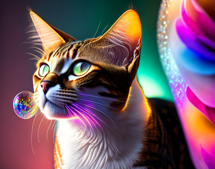 Colorful Cat Portrait with Green Eyes and Bubble on Rainbow Background