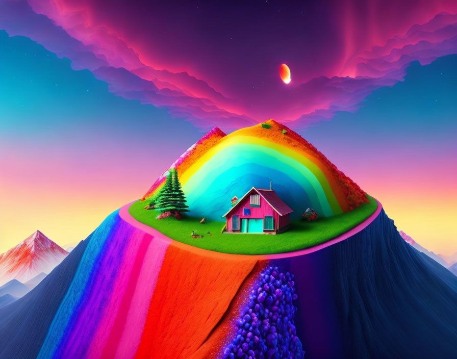 Colorful surreal landscape with rainbow hill, pink house, and purple sky.