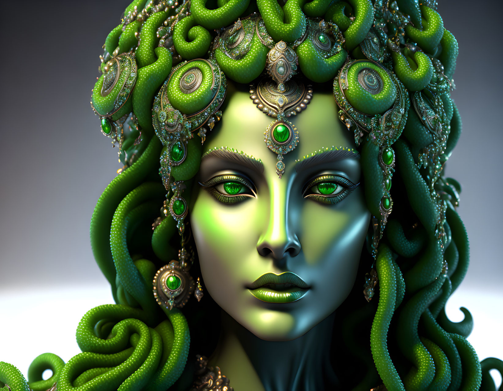 Green-skinned Medusa-like figure with twisting snake hair in 3D illustration.