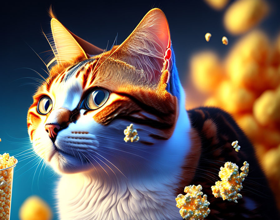 Detailed cat illustration with intricate patterns and glowing popcorn kernels on blue background